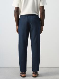 Mango Tapered Linen Cotton Blend Ankle Grazer Trousers - view 2, Navy