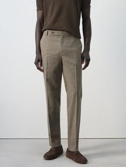 Mango Houndstooth Linen Cotton Blend Trousers, Brown, Brown