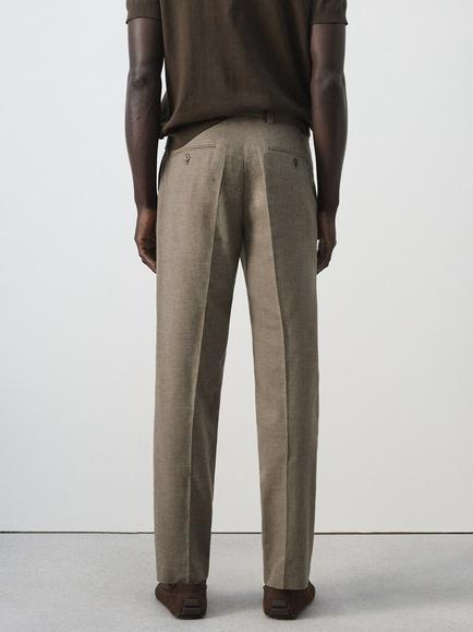 Mango Houndstooth Linen Cotton Blend Trousers, Brown - view 2, Brown