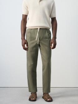 Mango Tapered Linen Cotton Blend Ankle Grazer Trousers, Moss, Moss