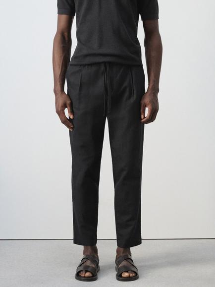 Mango Tapered Linen Cotton Blend Ankle Grazer Trousers, Black, Black