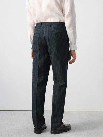 Mango Straight Fit Linen Trousers, Navy - view 2, Navy