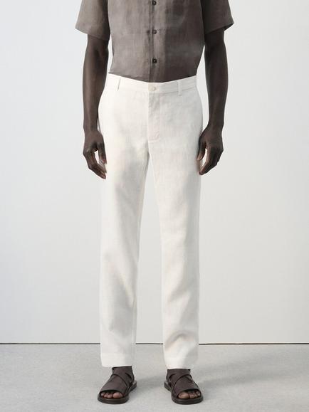 Mango Slim Fit Linen Trousers, Off White