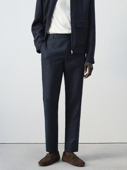 Mango Slim Fit Linen Trousers, Navy