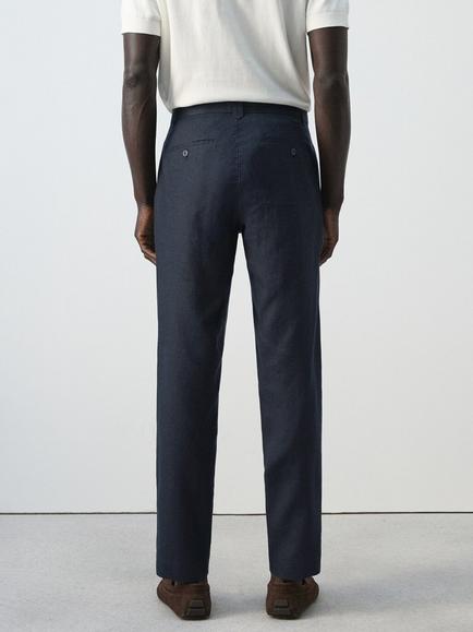 Mango Slim Fit Linen Trousers - view 2, Navy