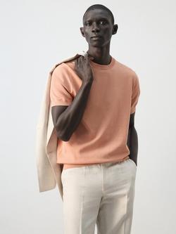 Mango Regular Fit Crew Neck Cotton Knit T-Shirt, Salmon, Salmon