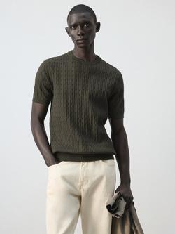 Mango Regular Fit Crew Neck Cable Knit Cotton T-Shirt, Chocolate, Chocolate