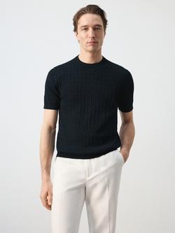 Mango Regular Fit Crew Neck Cable Knit Cotton T-Shirt, Midnight Blue, Midnight Blue