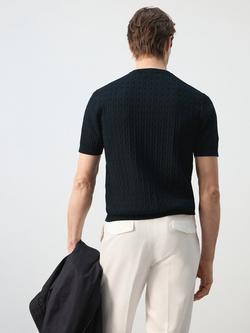 Mango Regular Fit Crew Neck Cable Knit Cotton T-Shirt, Midnight Blue - view 2, Midnight Blue