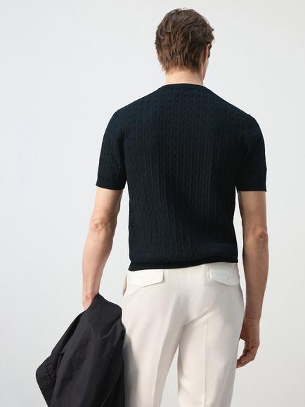 Mango Regular Fit Crew Neck Cable Knit Cotton T-Shirt, Midnight Blue - view 2, Midnight Blue