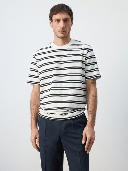 Mango Striped Cotton Blend T-Shirt, White, White
