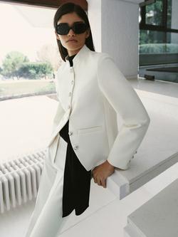 Mango Jewel Button Front Cropped Blazer, Off White, Off White