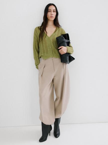 Mango V-Neck Cable Knit Cardigan, Green, Green