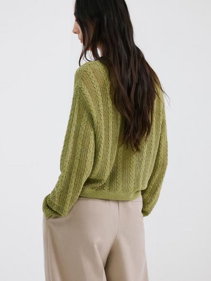 Mango V-Neck Cable Knit Cardigan, Green - view 2, Green