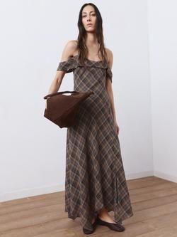 Mango Check Asymmetrical Maxi Dress, Brown, Brown