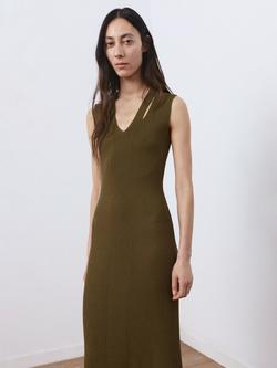 Mango V-Neck Bodycon Knit Midi Dress, Khaki, Khaki