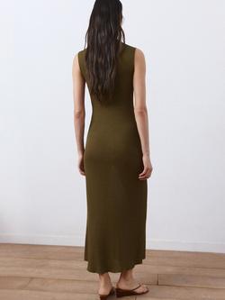 Mango V-Neck Bodycon Knit Midi Dress, Khaki - view 2, Khaki