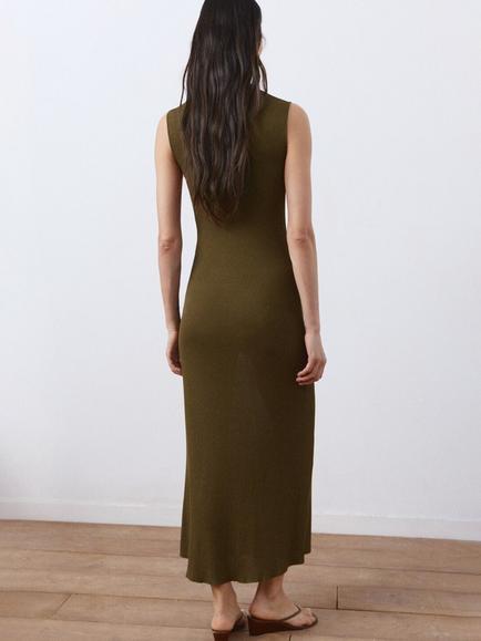 Mango V-Neck Bodycon Knit Midi Dress, Khaki - view 2, Khaki