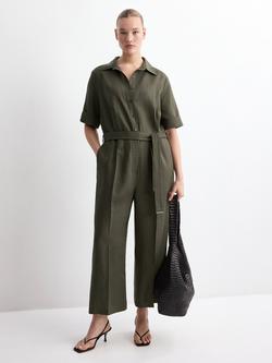 Mango Short Sleeve Belted Jumpsuit, Khaki, Khaki