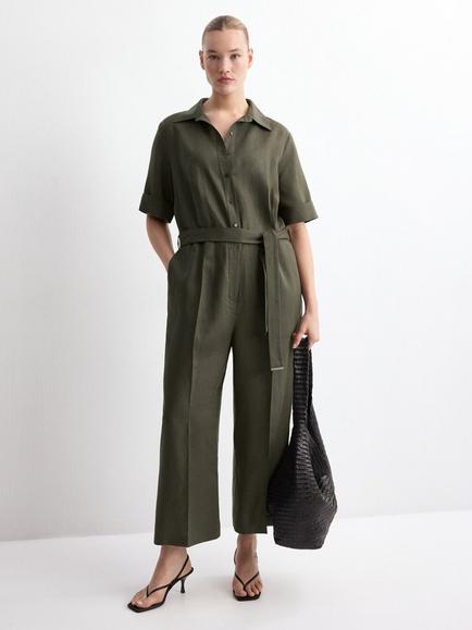 Mango Short Sleeve Belted Jumpsuit, Khaki, Khaki