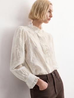 Mango Embroidered Mandarin Collar Blouse, Beige, Beige