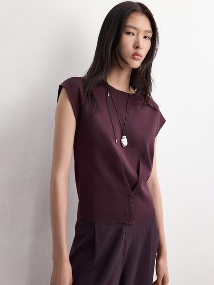 Mango Cap Sleeve Round Neck Button Blouse, Bordeaux, Bordeaux