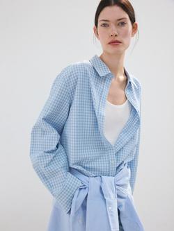 Mango Check Long Sleeve Loose Fit Shirt, Sky Blue, Sky Blue