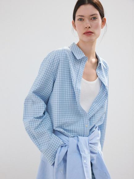 Mango Check Long Sleeve Loose Fit Shirt, Sky Blue, Sky Blue
