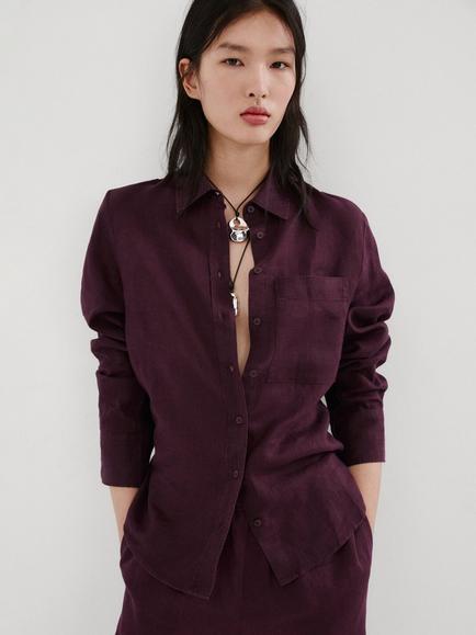 Mango Linen Shirt, Damson, Damson