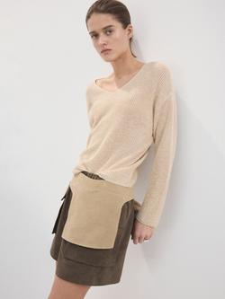 Mango Jazmin V-Neck Textured Jumper, Sand, Sand