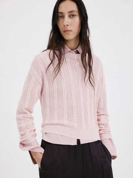 Mango Crew Neck Cable Knit Jumper, Mauve, Mauve