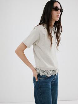 Mango Lace Trim Short Sleeve Jumper, Stone, Stone