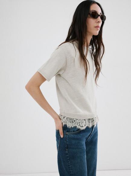 Mango Lace Trim Short Sleeve Jumper, Stone, Stone