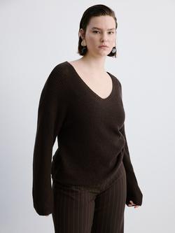 Mango V-Neck Textured Jumper, Chocolate, Chocolate