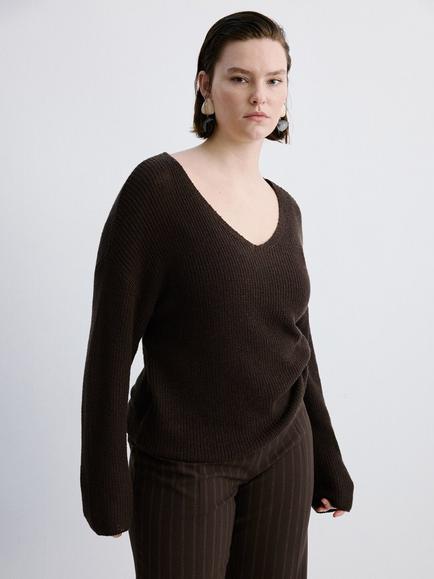 Mango V-Neck Textured Jumper, Chocolate, Chocolate