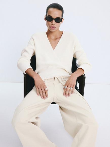 Mango Crossover Rib Knit Jumper, Raw, Raw