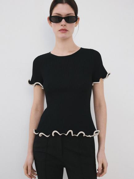 Mango Ribbed Contrast Hem Peplum Top, Black, Black