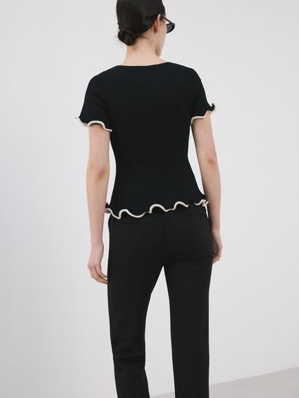 Mango Ribbed Contrast Hem Peplum Top, Black - view 2, Black