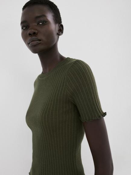 Mango Sculpted Rib Knit Top, Khaki, Khaki