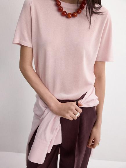 Mango Crew Neck Knit Top, Pastel Pink