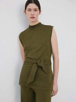Mango High Neck Belted Tunic Knit Top, Khaki, Khaki