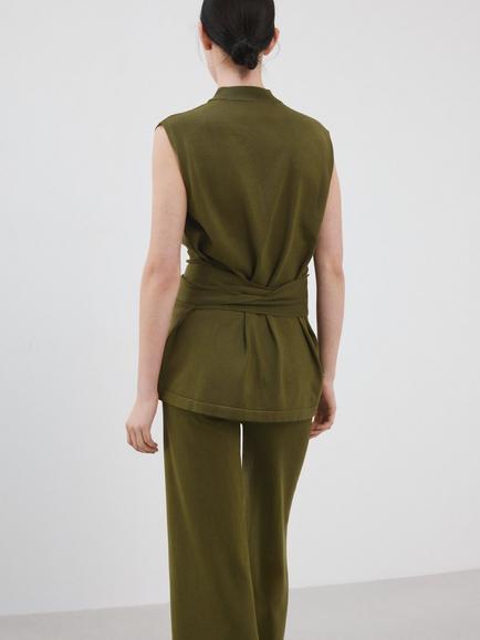 Mango High Neck Belted Tunic Knit Top, Khaki - view 2, Khaki
