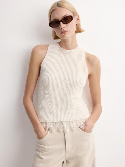 Mango High Neck Ribbed Lace Trim Top, Raw, Raw