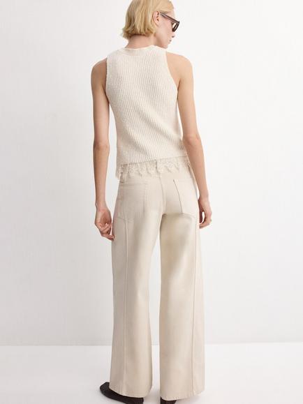 Mango High Neck Ribbed Lace Trim Top, Raw - view 2, Raw