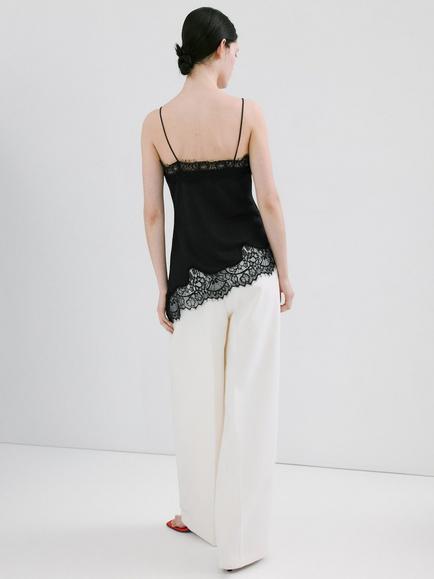 Mango Asymmetric Lace Trim Camisole Top, Black - view 2, Black