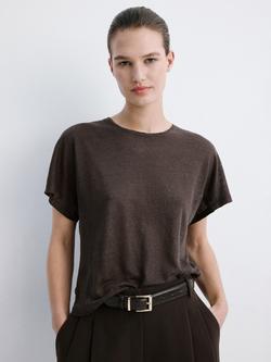 Mango Pure Linen T-Shirt, Brown