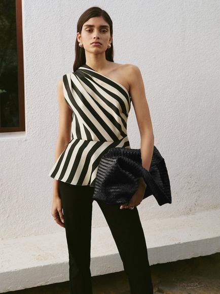 Mango Asymmetric Stripe Peplum Hem Top, Black/White, Black/White