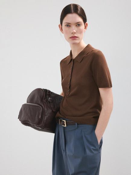 Mango Knit Short Sleeve Polo Shirt, Chocolate, Chocolate