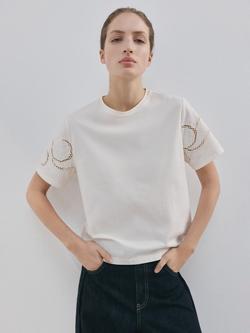 Mango Crew Neck Embroidered Sleeve T-Shirt, Raw, Raw