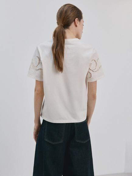 Mango Crew Neck Embroidered Sleeve T-Shirt, Raw - view 2, Raw